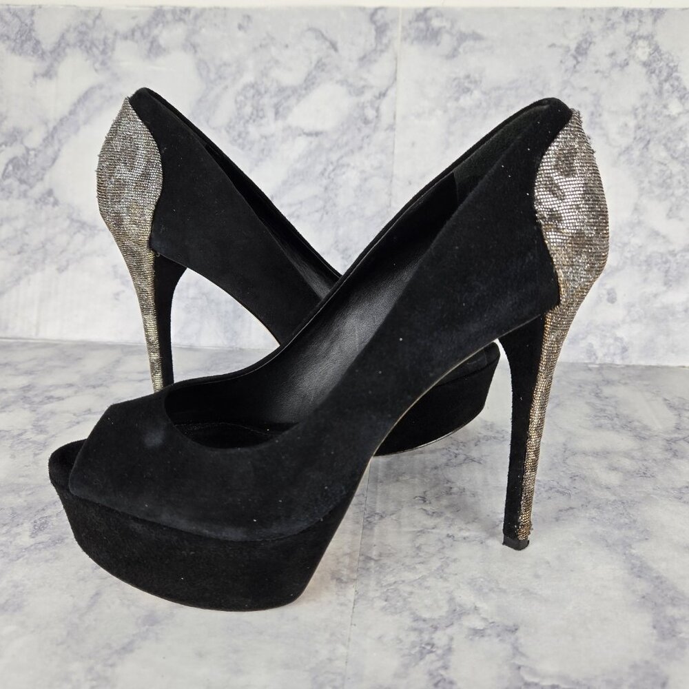 Brian Atwood Stiletto Heels Size 7.5 Black Suede Animal Print Platform Sexy Goth